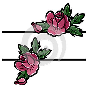 Bouquet of pink roses, buds and green leaves with black stroke. Vector illustration.