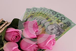 Bouquet of pink roses with cash on a white background with space for text