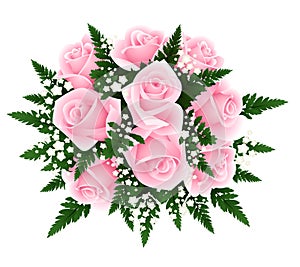 Bouquet of pink roses with fern and gypsophila. Ve