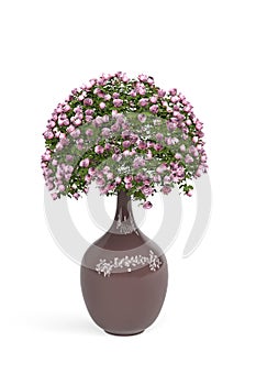 Bouquet of pink roses in a glass red round vase isolated on a white background