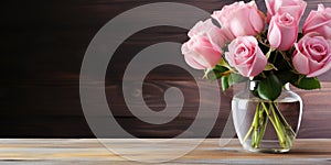 Bouquet of pink roses in a glass vase on a wooden background. Generative AI