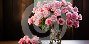 Bouquet of pink roses in a glass vase on a wooden background. Generative AI