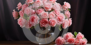 Bouquet of pink roses in a glass vase on a wooden background. Generative AI