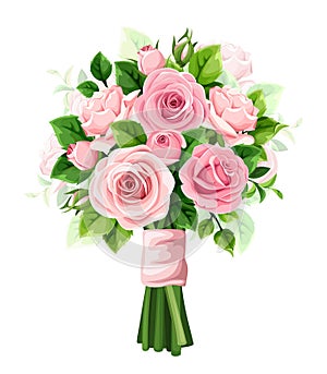 Bouquet of pink roses isolated on white. Vector illustration