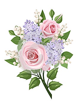 Bouquet with pink roses, lily of the valley and lilac flowers. Vector illustration.