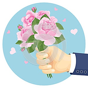 Bouquet of pink roses in man`s hand. Beautiful flowers vector illustration in cartoon simple flat style.