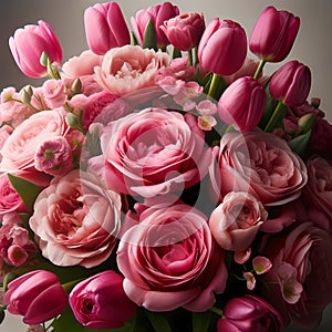 A bouquet of pink roses and pink tulips, close up