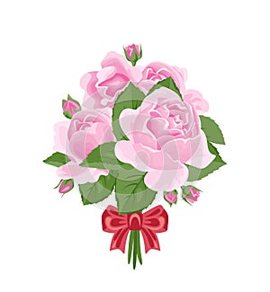 Bouquet of pink roses with a red bow. Isolated on white background. Beautiful flowers with green leaves and buds.