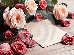 A bouquet of pink roses and a sheet of paper