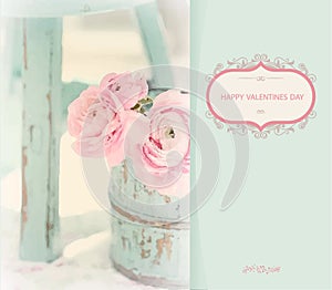 A bouquet of pink roses stands in a jar on the floor next to a chair. Painting in pastel colors.