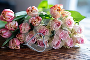 Bouquet of pink roses and tulips with heard shape