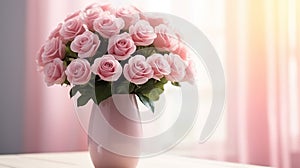 Bouquet of pink roses in the vase. Beautiful floral composition for wedding, Valentine's day, birthday.