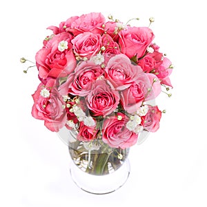 Bouquet of Pink Roses in vase isolated on white background