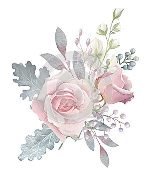 BOUQUET OF PINK ROSES AND WHITE FLOWERS.WEDDING FLORISTICS, POSTCARD FOR VALENTINE\'S DAY.