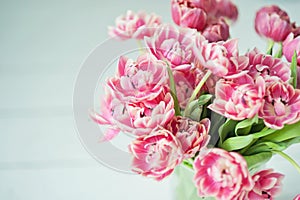 Bouquet of pink tulips close up of a tender spring bouquet. bridal bouquet of tulips on a light background