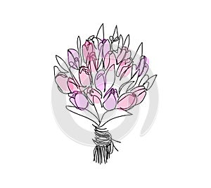 Bouquet of pink tulips continuous line drawing. One line art of decoration, flowers, roses, garden flowers, bouquet