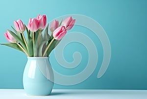 Bouquet of pink tulips flowers in a pot on pink background