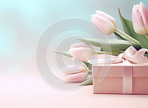 Bouquet of pink tulips and gift box on colorful background