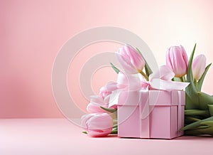 Bouquet of pink tulips and gift box on luminous pink background