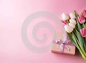 Bouquet of pink tulips and gift box on pink background