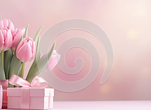 Bouquet of pink tulips and gift box on pink background with bokeh