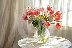 A bouquet of pink tulips in a transparent vase on a round table by the window