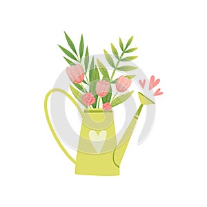 Bouquet of Pink Tulips In Vase in Form of Watering Can, Hello Spring Floral Design Template Vector Illustration