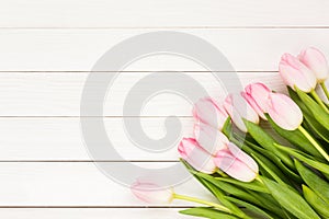 Bouquet of pink tulips on white wooden background