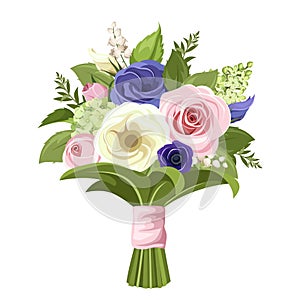 Bouquet of pink, white and blue flowers. Vector illustration.