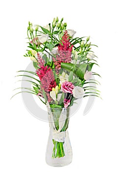 Bouquet of Pink, white Eustoma, Lisianthus flowers and Red Astilbe flowers known as false goats beard and false spirea