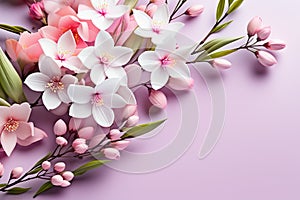 Bouquet of pink and white flowers on purple background
