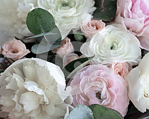 Bouquet of pink and white peonies. flowers close-up. fresh bright blooming peonies flowers with dew drops on petals