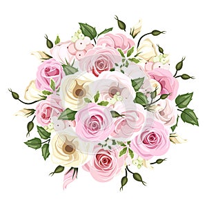 Bouquet of pink and white roses and lisianthus flowers. Vector illustration.
