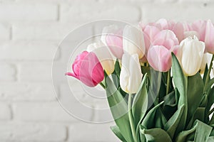 Bouquet of pink and white tulips in vase