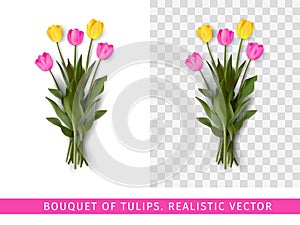 Bouquet of pink and yellow tulips on a transparent background