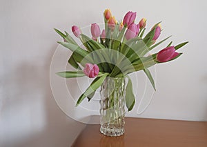 bouquet of pink and yellow tulips in vase closeup across white all on the wooden drawer. Interior detail. Hotel interior