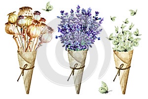 Bouquet of poppy capsules, lavender flowers and flock white butterflies in cone of paper. Isolated, hand drawn watercolor