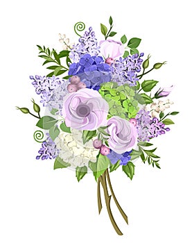 Bouquet of purple, blue, white and green flowers. Vector illustration. photo