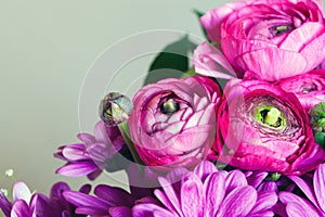 Bouquet of purple flowers. Postcard romantic background. Macro