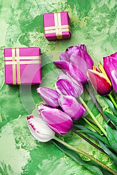 Bouquet of purple tulips and gift box