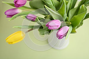 Bouquet of purple and yellow tulip flowers.Top view