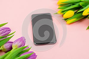 Phone and tulips on pink background