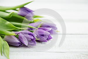 Bouquet of purpleviolet tulips on white wooden background