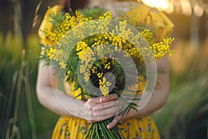 A bouquet of radiant mimosa flowers held gently in the hands of a woman