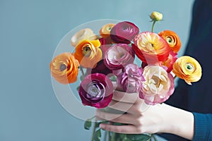 Bouquet of ranunculus flowers in female hands close-up. Generative AI illustration