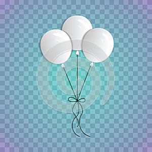 A bouquet of realistic balloons on a blue transparent background. Three white balloons on the ropes.