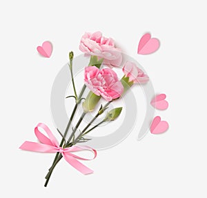 Bouquet of realistic pink carnation tied with a pink bow and paper hearts isolated on white.