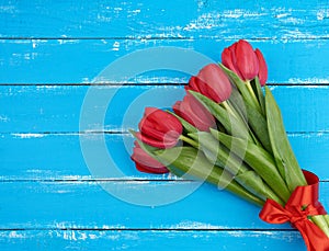 Bouquet of red blooming tulips with green stems and leaves tied with a red silk ribbon