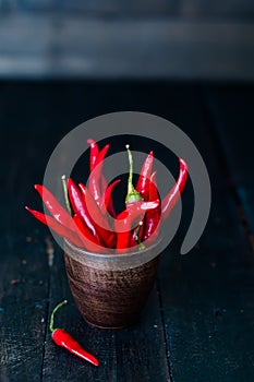 Bouquet of red hot chili peppers in old cup