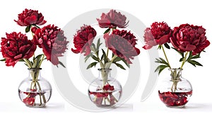 a bouquet of red peonies arranged in a glass vase, isolated against a pristine white background, offering various angles